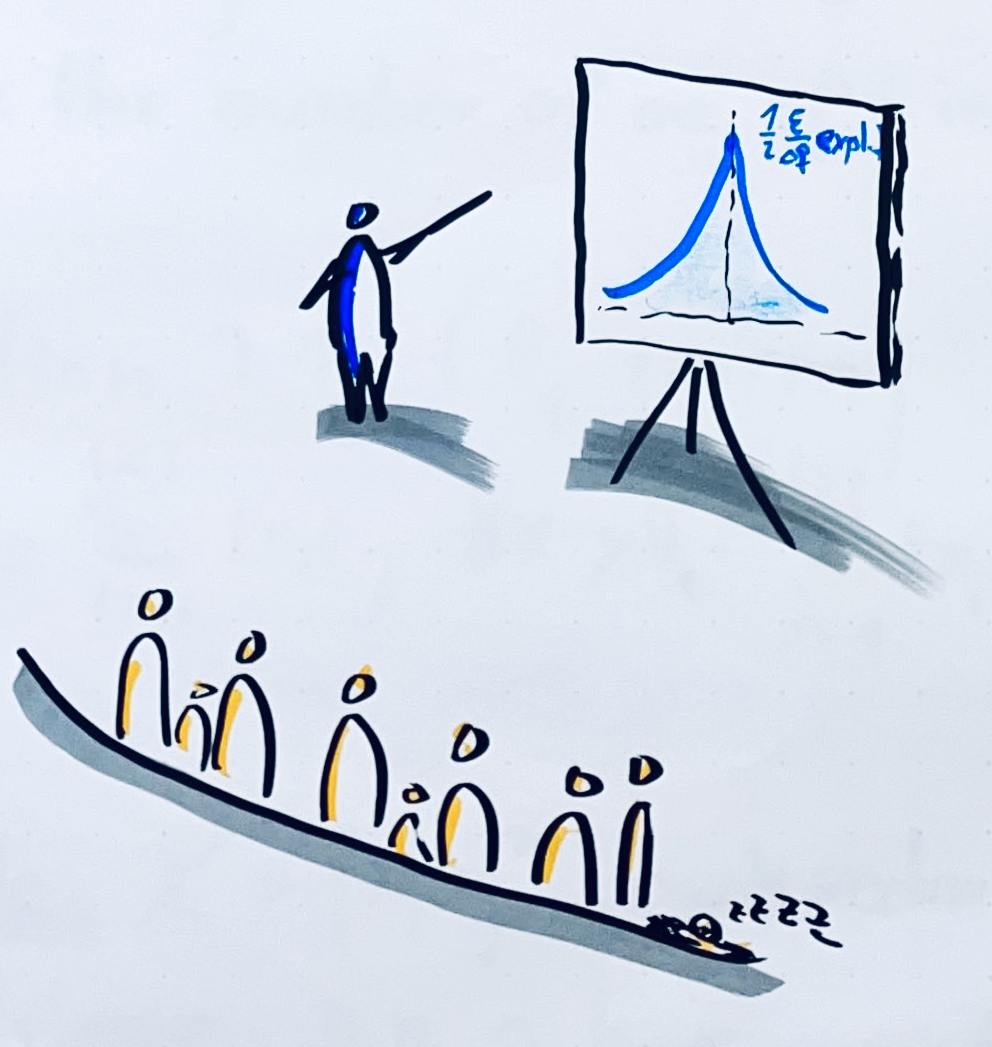 Zeichnung: Ein Männlein zeigt auf ein Flipchart auf dem eine Laplace-Verteilung zu sehen ist.